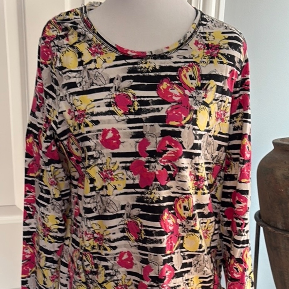 Christopher & Banks Cotton Floral Stripe Long Sleeve Top